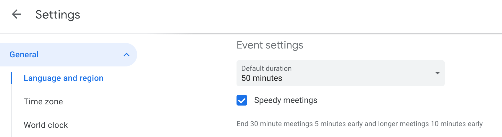 Speedy meetings setting in Google calendar shortens meetings by 10 or 5 minutes