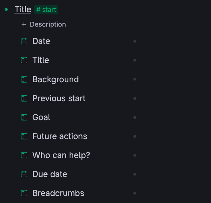 Title - Date: - Title: - Description: - Background: - Previous start: - Goal: - Future actions: -Who can help? - Due date: - Breadcrumbs: