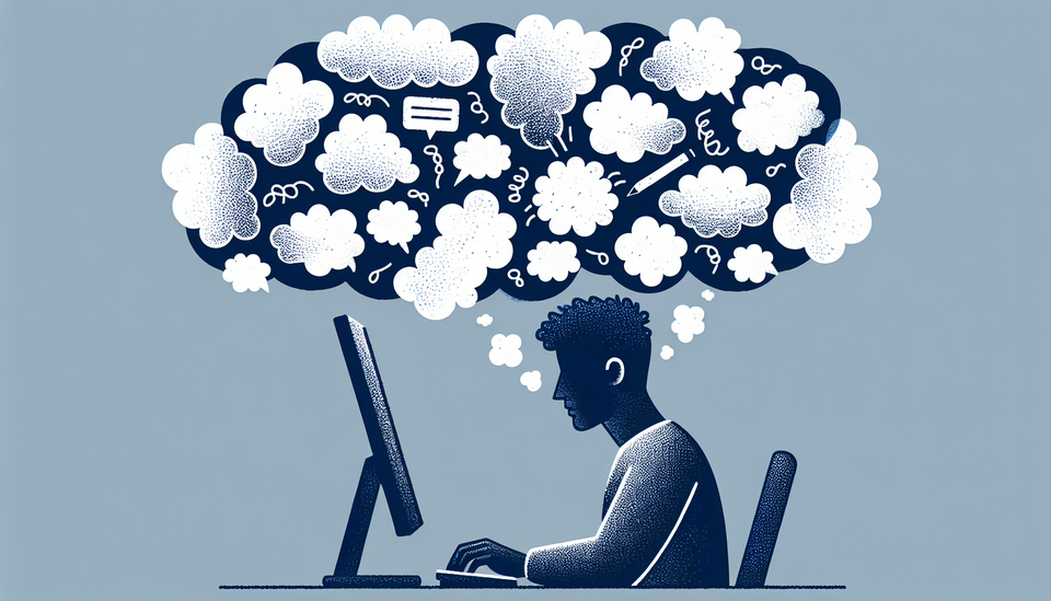A person sitting at a computer. Above their head is lots of thoughts.
